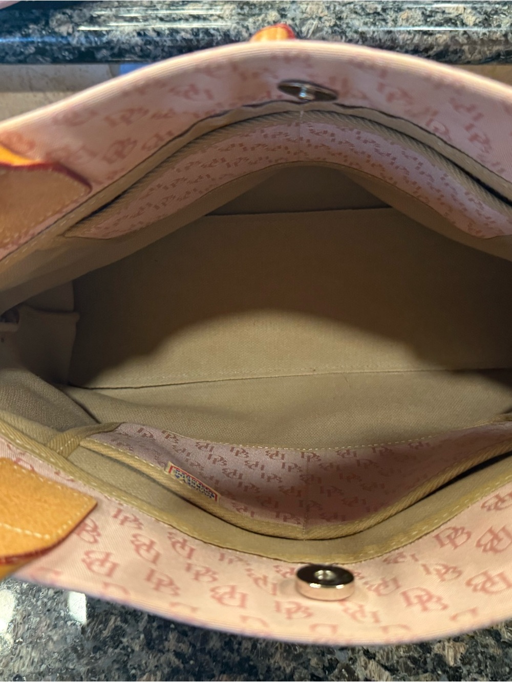 Large Dooney & Bourke Pink Canvas Logo Tote Bag with Tan Leather Trim - Picture 4 of 4